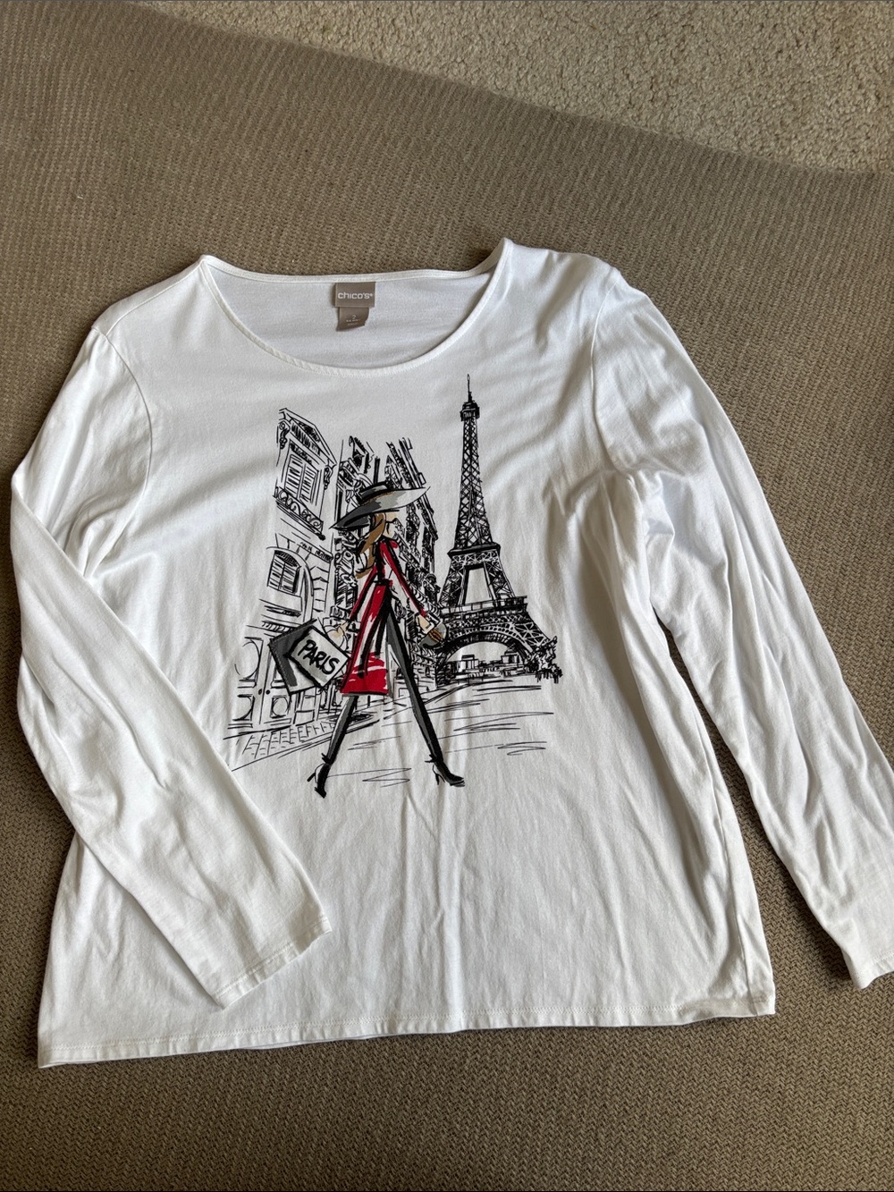 Chico's White Long-Sleeve Tee with Paris Graphic and Red Accent